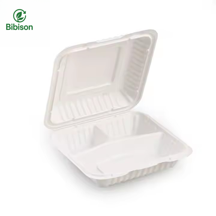 Cheap Packing Plastic Box Food Microwavable Disposable Hinged Clamshell 3-compartment Shallow Food Container